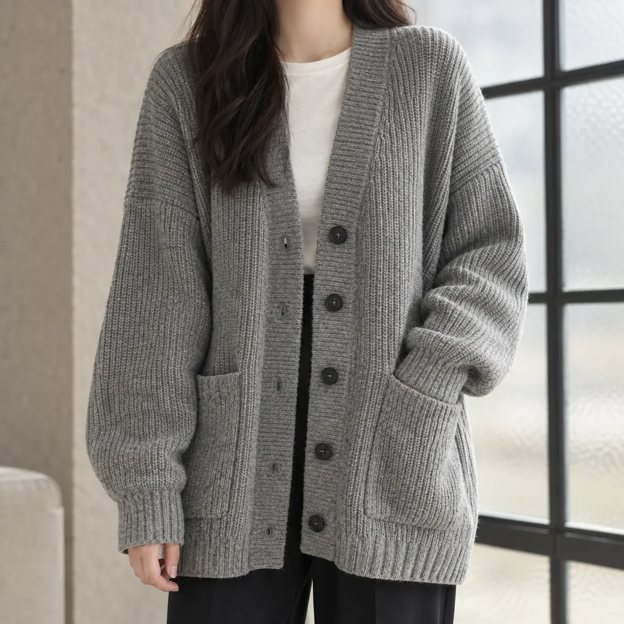 Lauren Rib Cardigan — Gray worn view