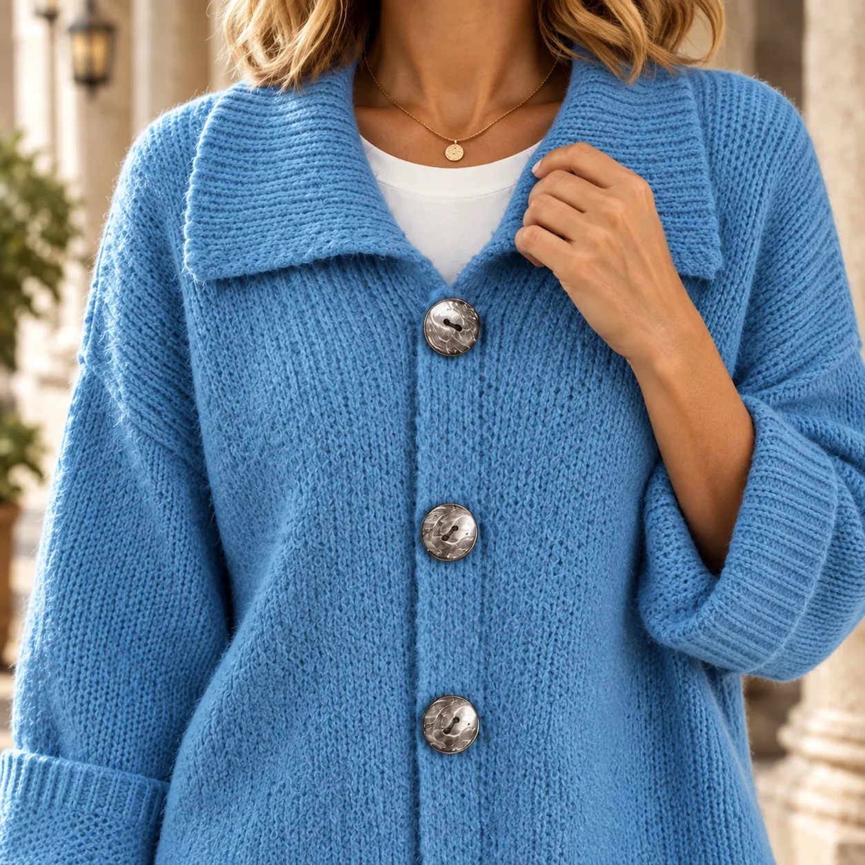 Xaviera Collar Cardigan — Blue construction detail