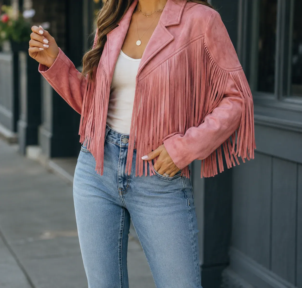 Giselle Fringe Jacket — Pink worn view