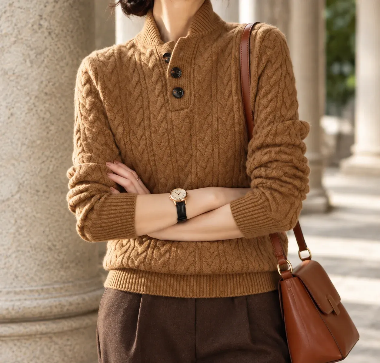 Brigitta Cable Sweater — Dark Camel worn view