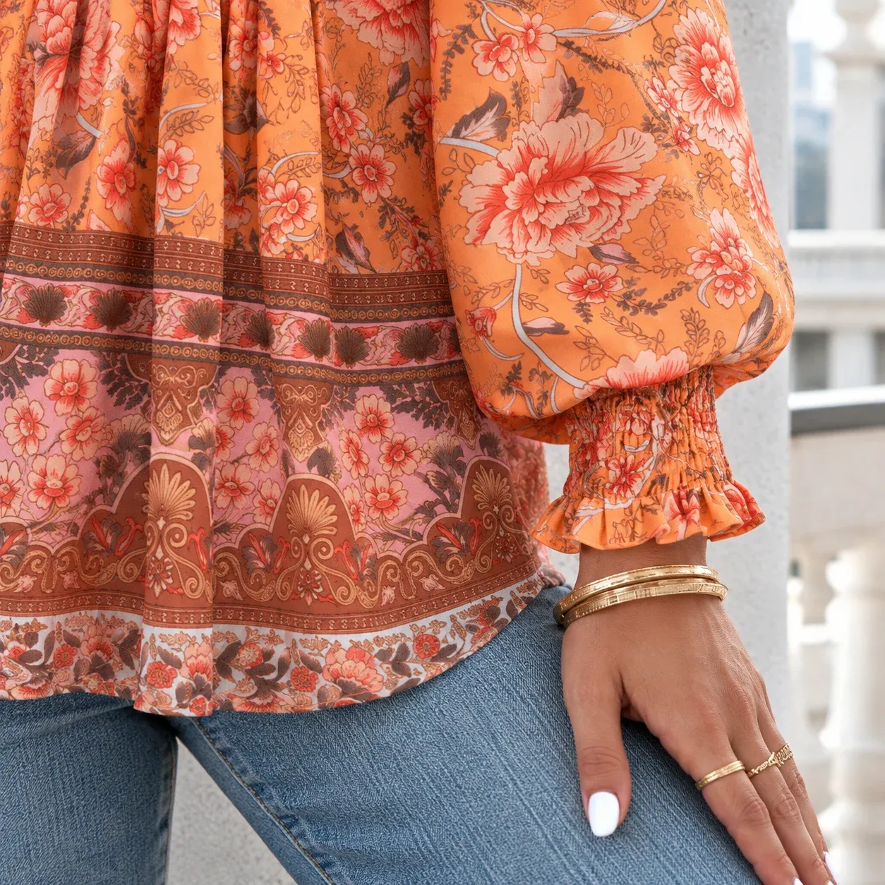 Violet Print Tie Blouse, floral sleeve and elastic cuff with naturally connected wearer hand
