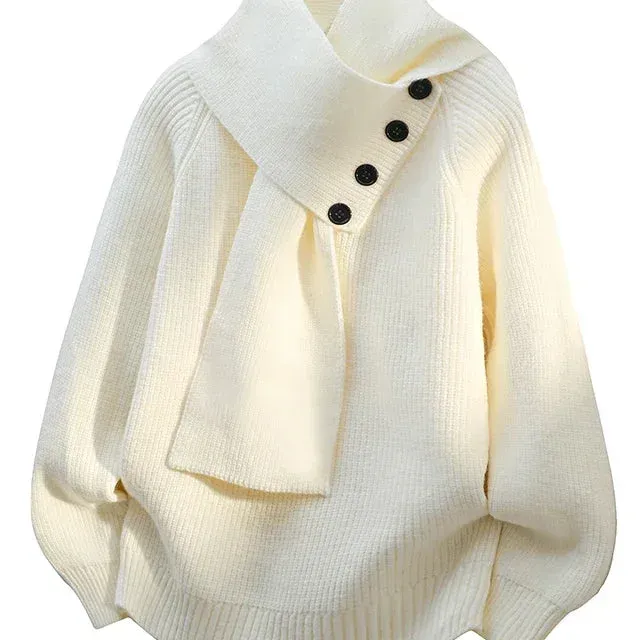 Aurelia Button-Neck Knit — White rib and neck detail crop