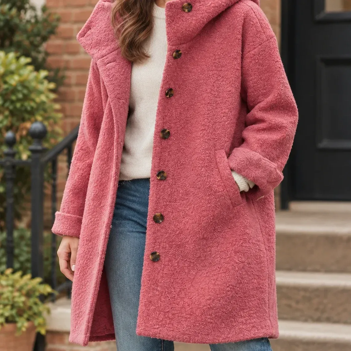 Yvette Hooded Coat — Rose Red cropped fit view