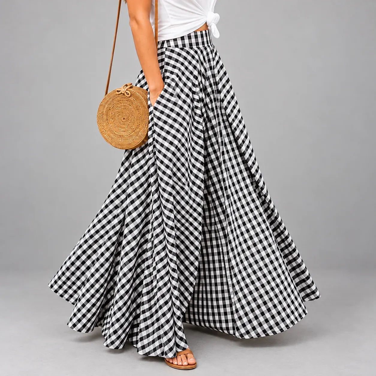 Esme Check Maxi Skirt, source-supported side or rear worn fit