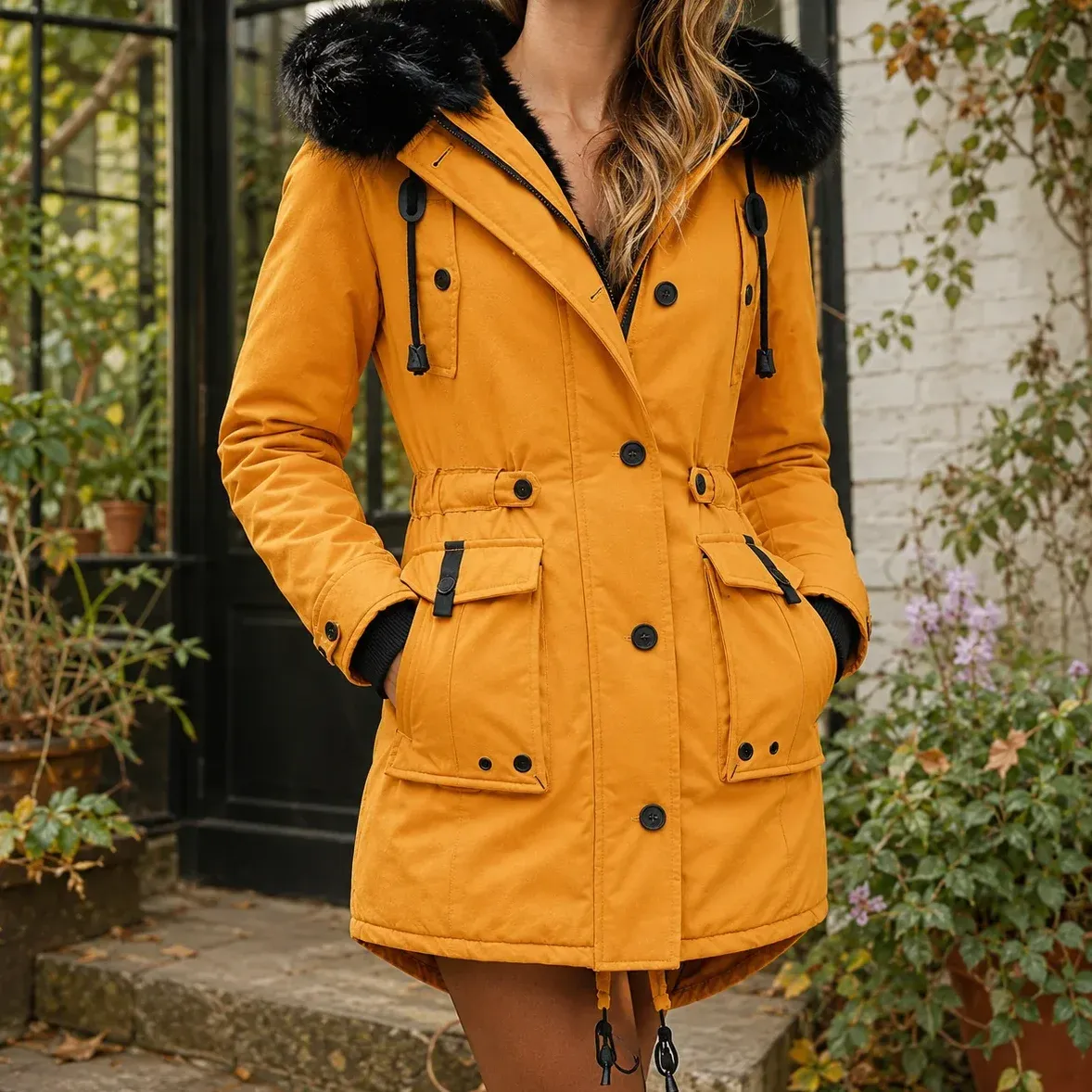April Hooded Parka — Gold cropped fit view