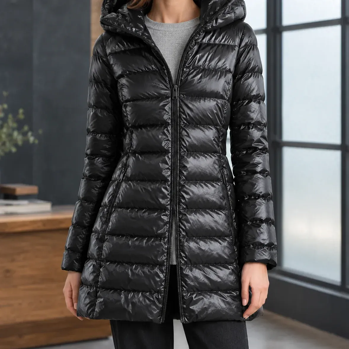 Molly Long Puffer — Black cropped fit view