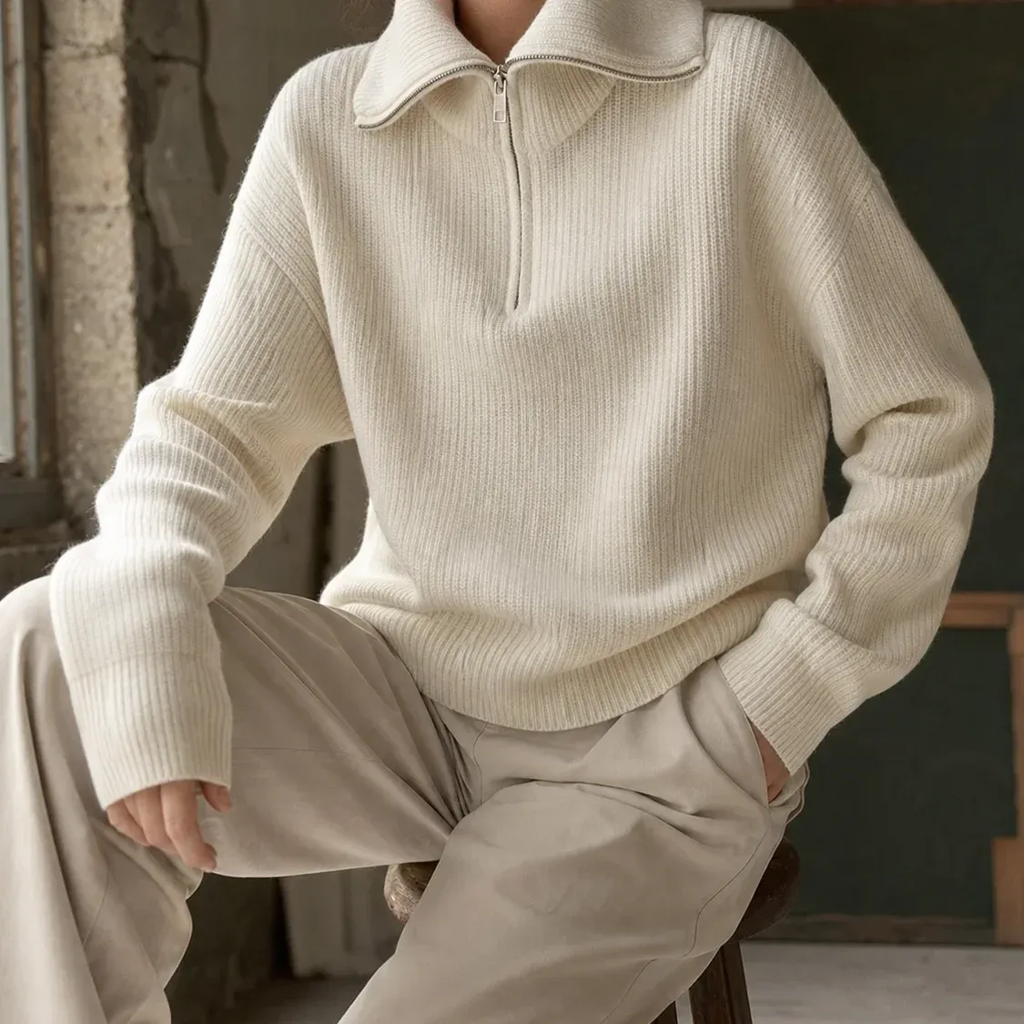 Xaviera Zip Sweater — Off White cropped fit view