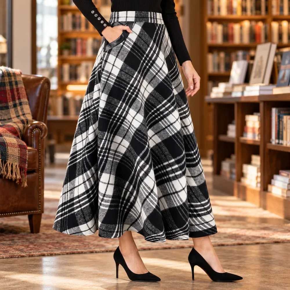 Beatrice Plaid Maxi Skirt — front worn view