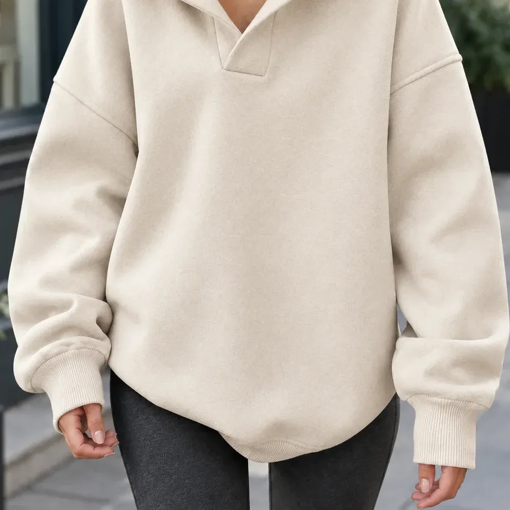 Celeste Collared Hoodie — Beige lower garment detail