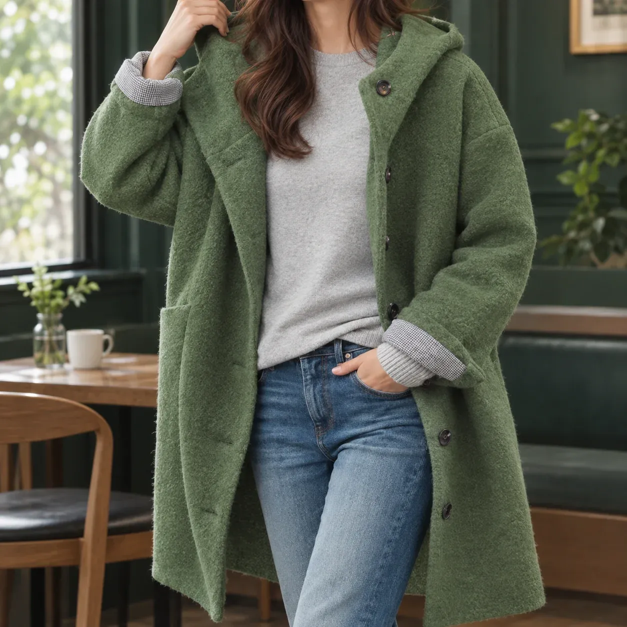 Antonia Hooded Jacket — Bean Green worn view