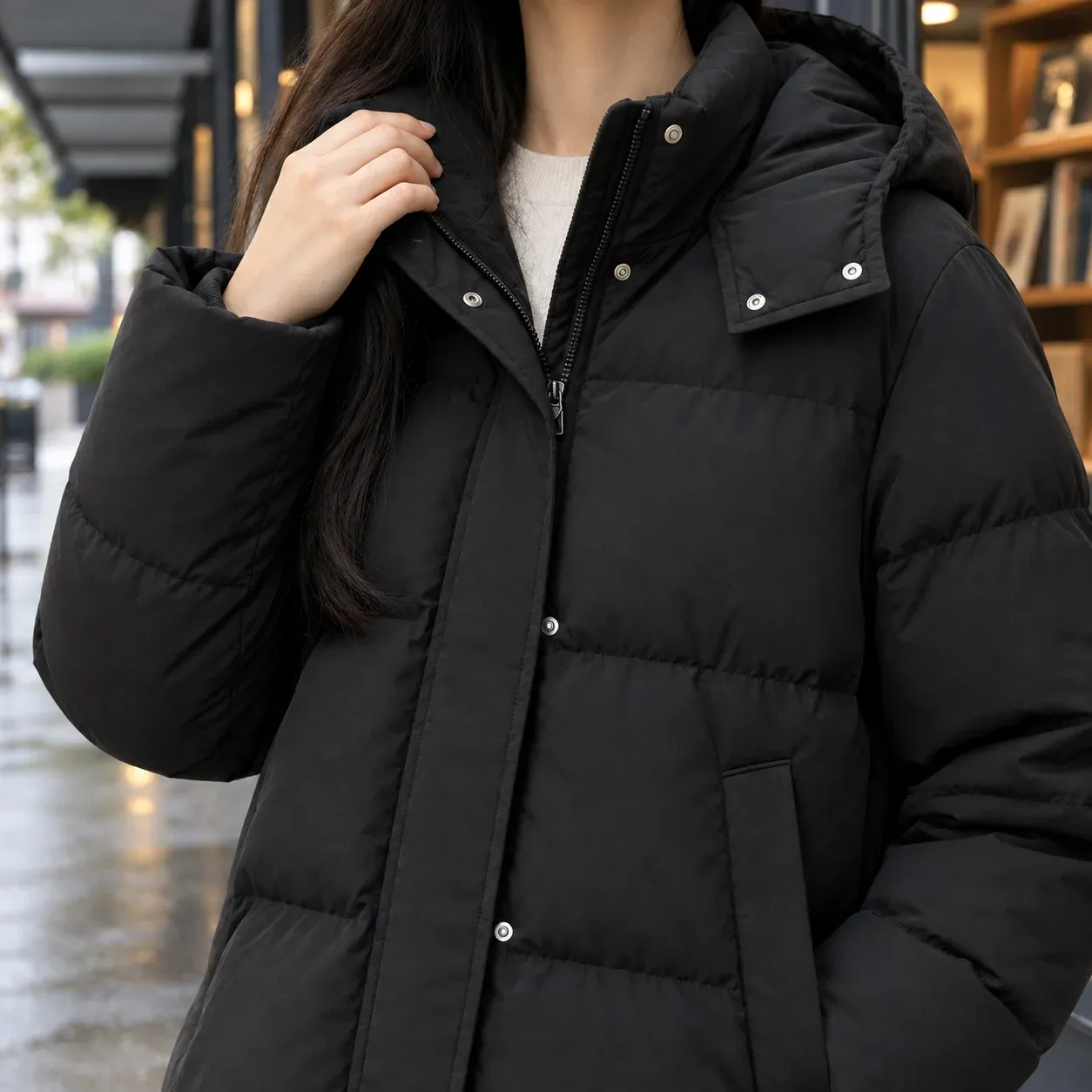 Eliza Hooded Jacket — Classic Black construction detail