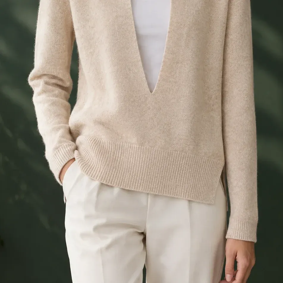 Leontine Inset Collar Sweater — Apricot lower garment detail