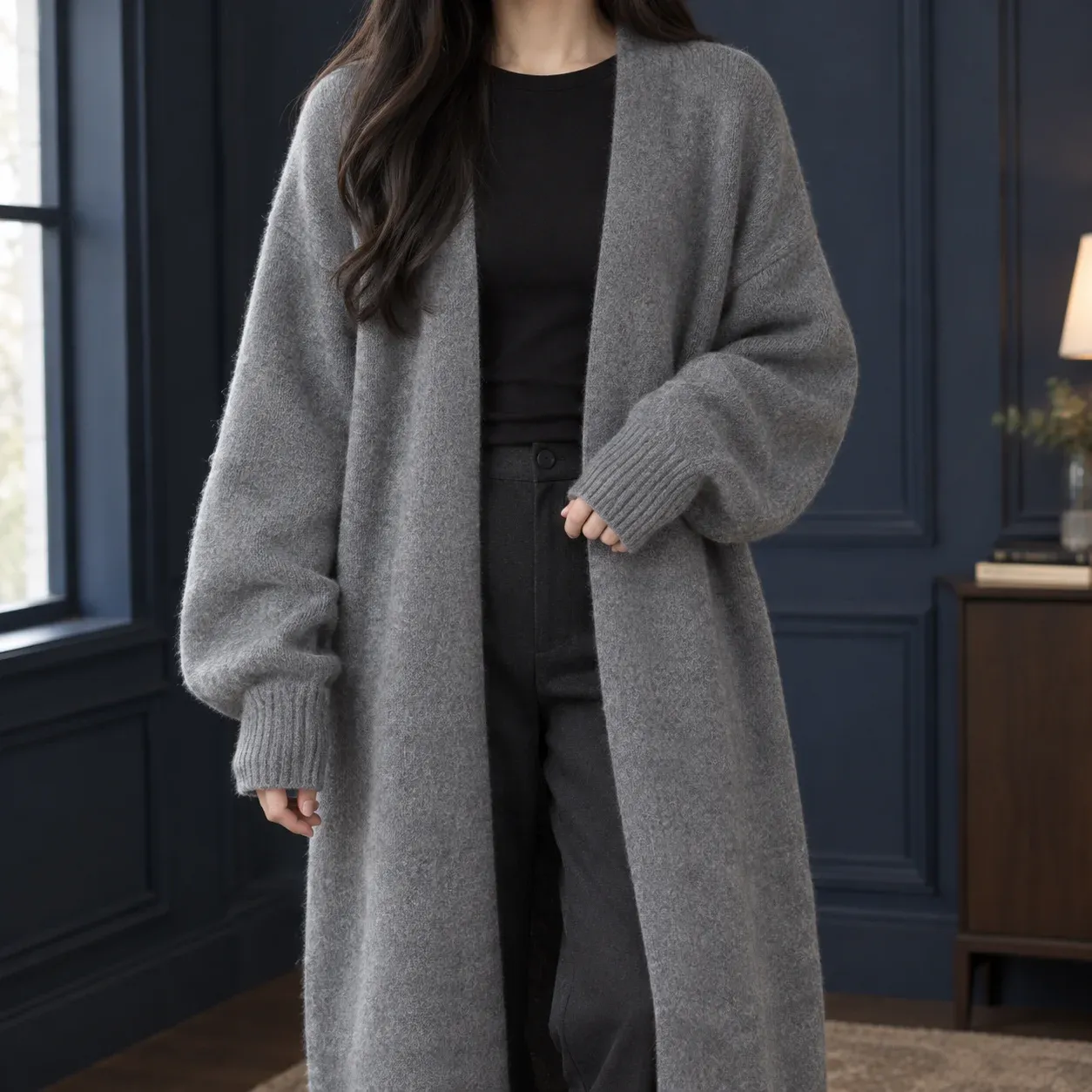 Aria Long Cardigan — Dark Gray worn view
