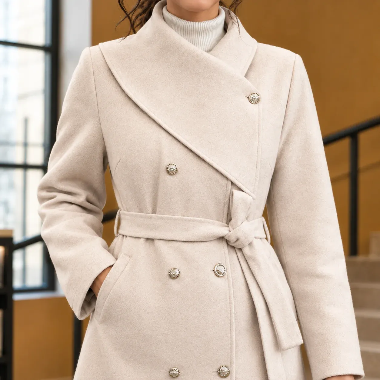 Ascelin Asymmetric Coat — Light Beige construction detail