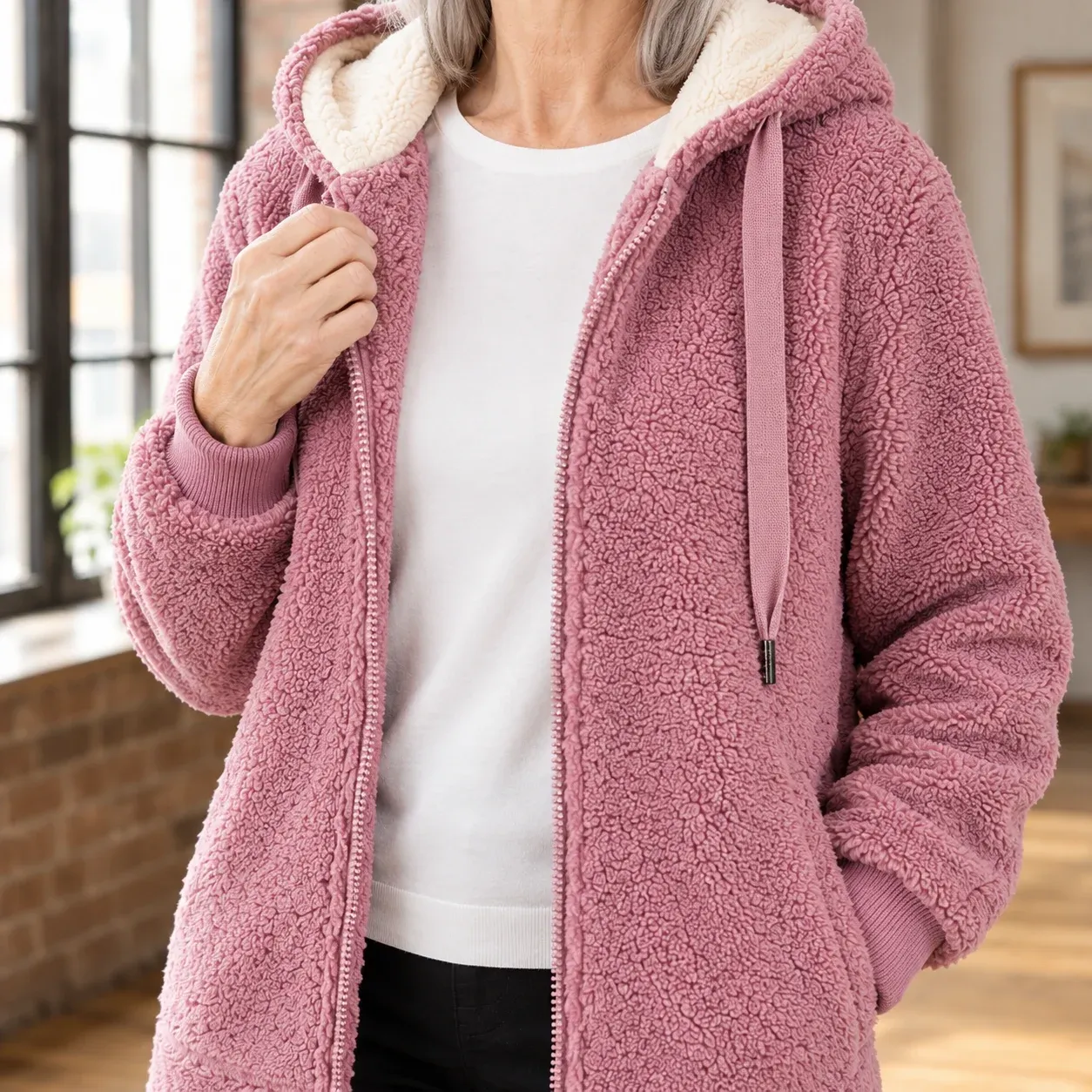 Calla Plush Hoodie — Pink construction detail