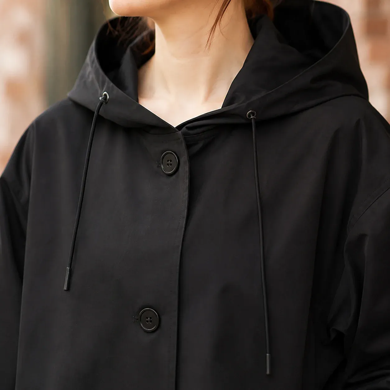 Zelda Hooded Overcoat — Black construction detail