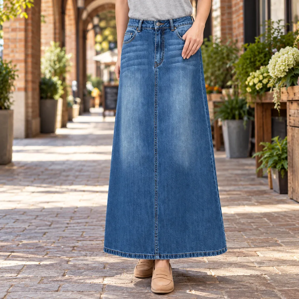 Colette Denim Maxi Skirt — full garment worn in context