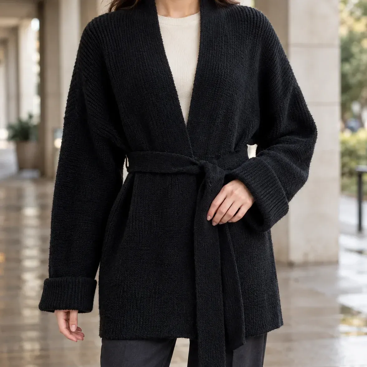 Michelle Belted Cardigan — Black cropped fit view