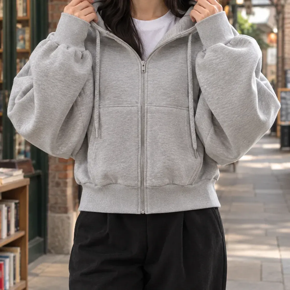 Maylis Cropped Hoodie — Light Gray cropped fit view