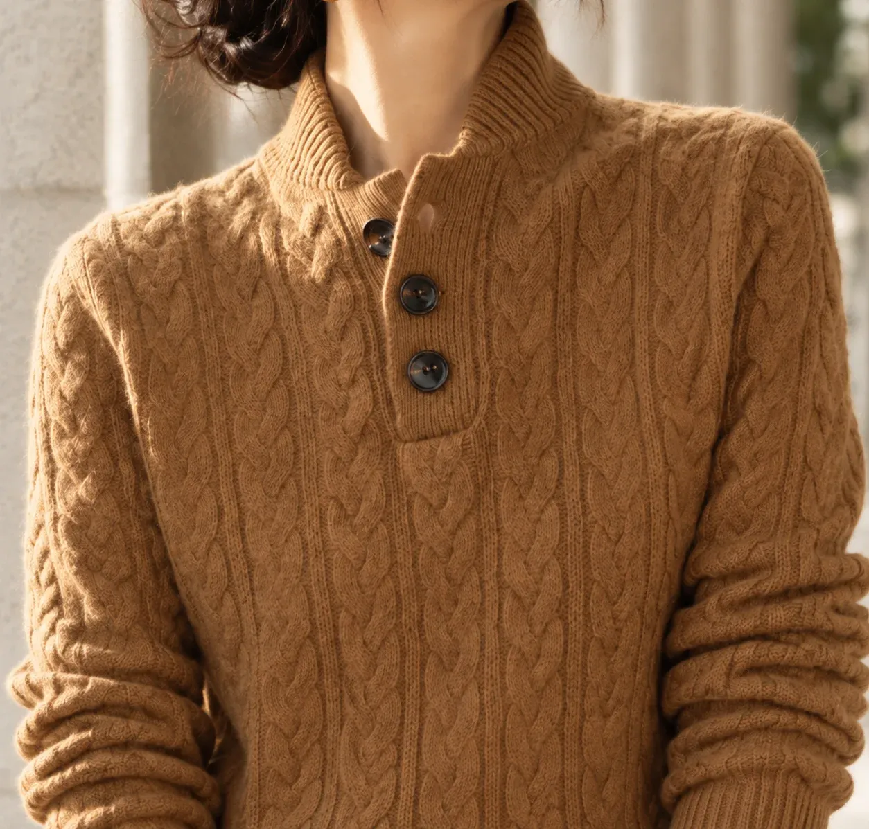 Brigitta Cable Sweater — Dark Camel construction detail