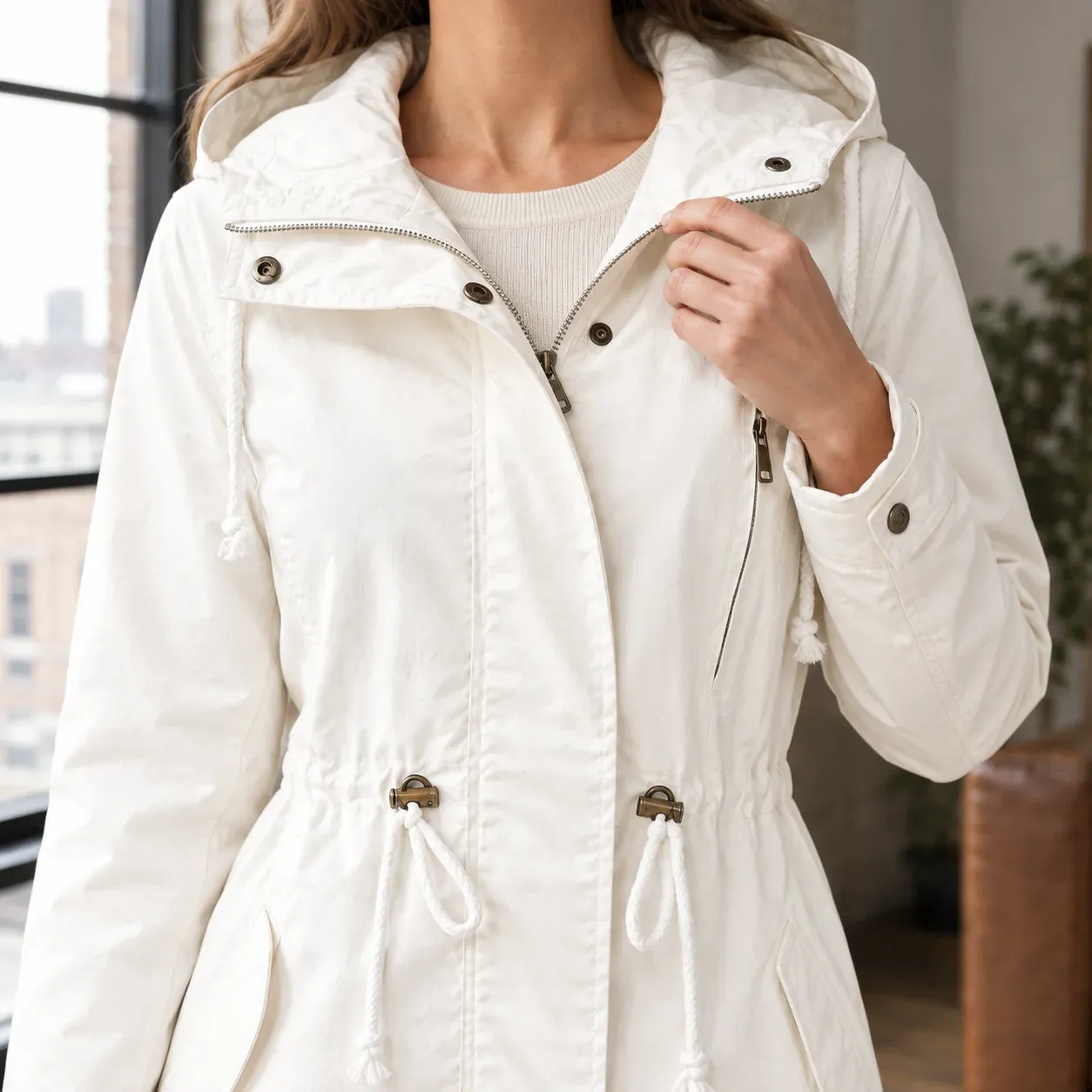 Ursuline Drawstring Parka — White construction detail