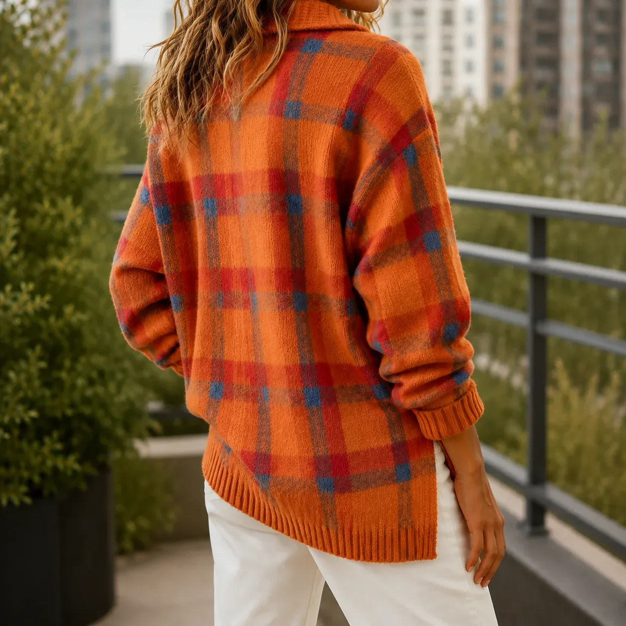 Faye Plaid Cardigan — Orange lower garment detail