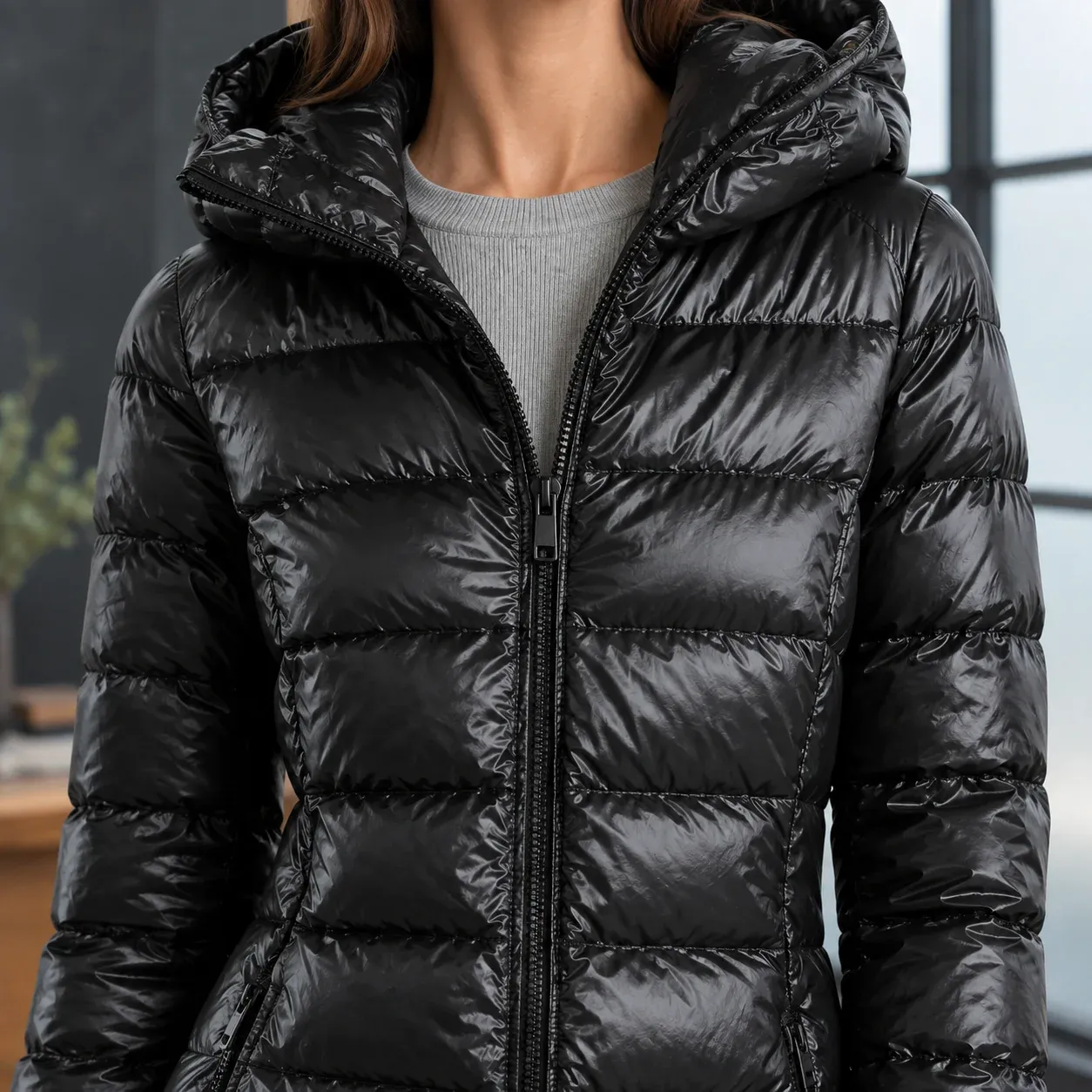 Molly Long Puffer — Black construction detail