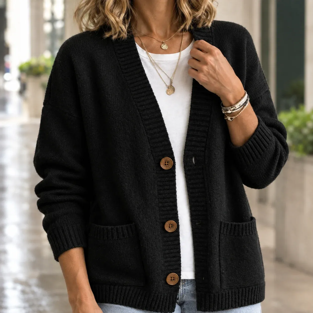 Cassidy V-Neck Cardigan — Black construction detail