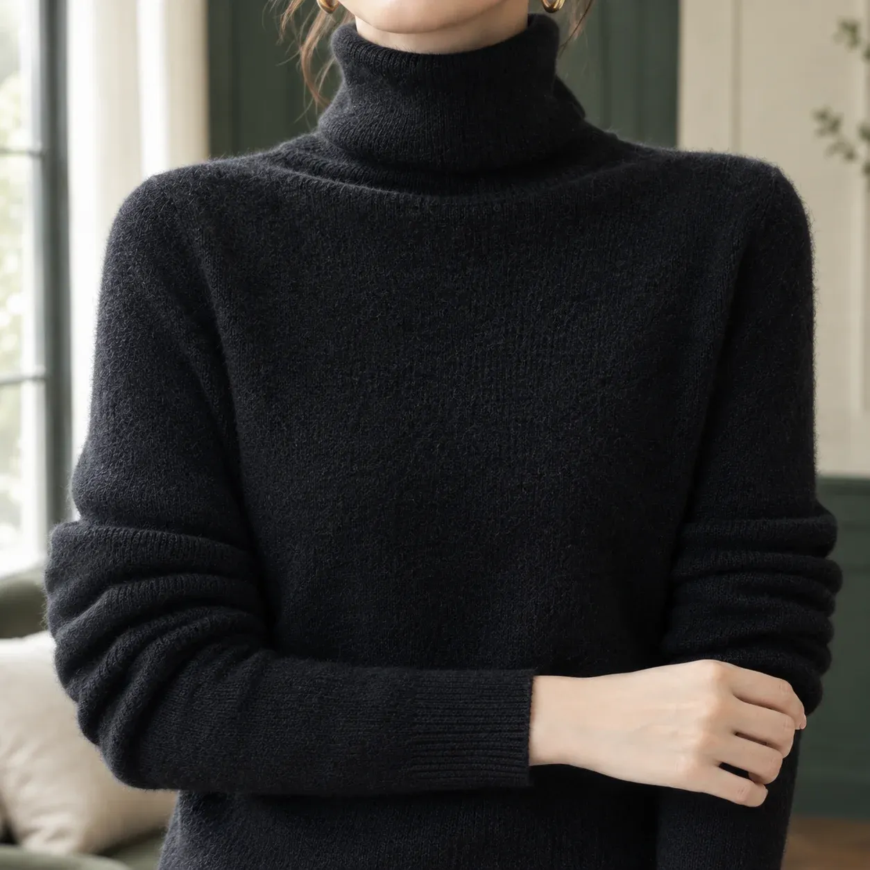 Alma Turtleneck Sweater — Black construction detail