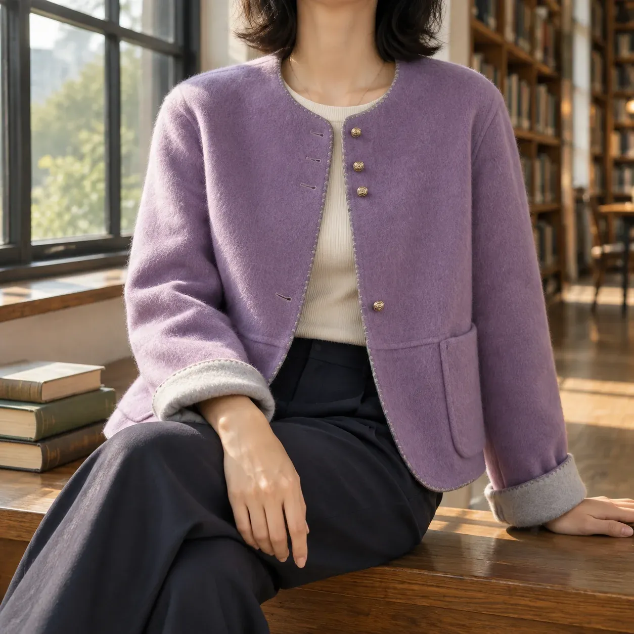Apolline Stitch-Trim Jacket — Light Purple worn view