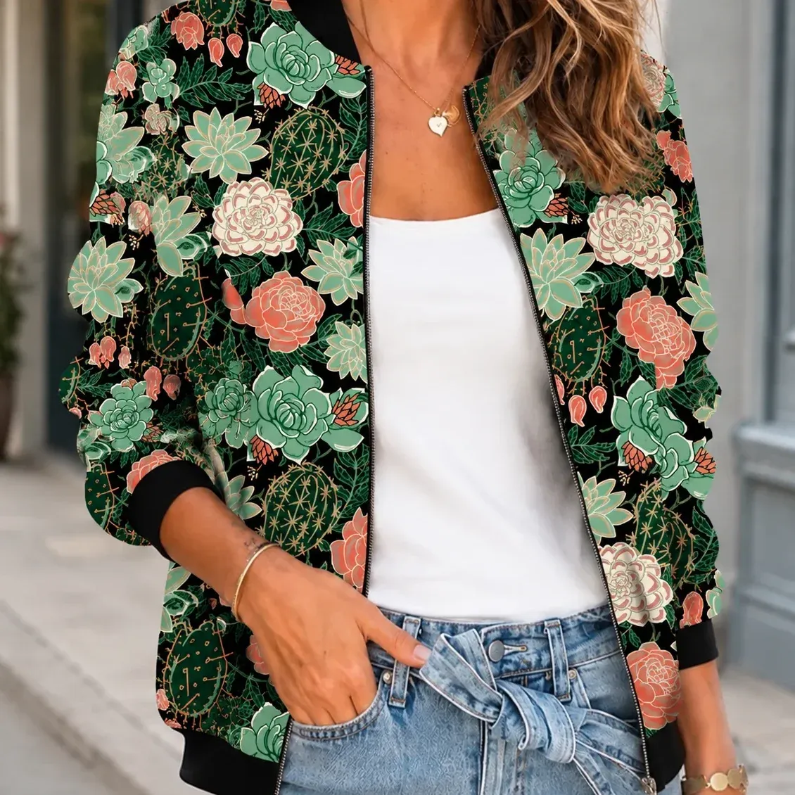 Margot Print Bomber — Green cropped fit view