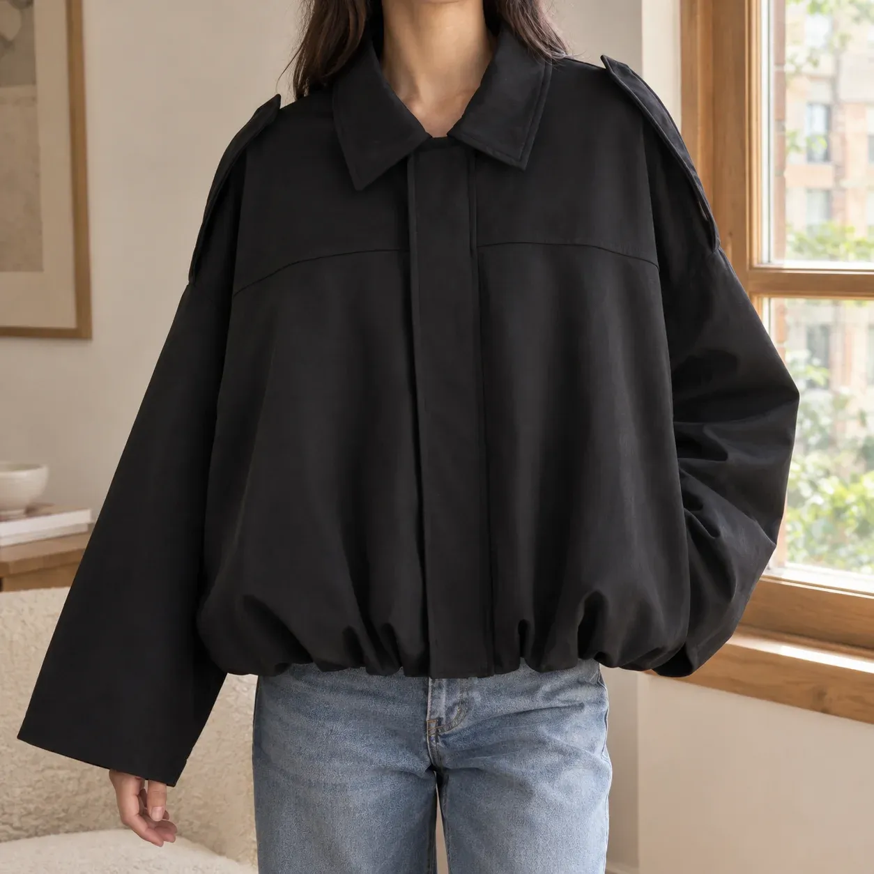 Amabel Cropped Bomber — Black worn view
