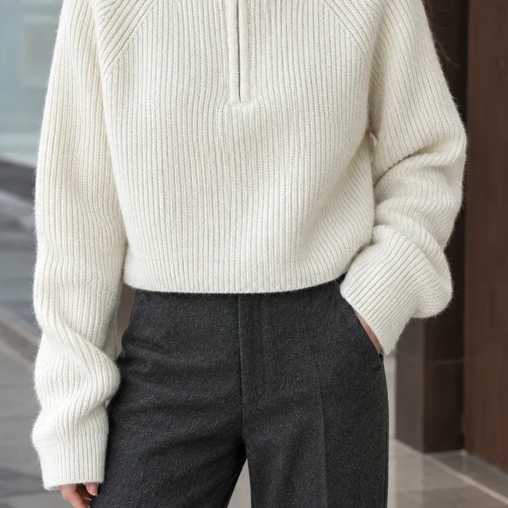 Genevieve Zip Sweater — White lower garment detail