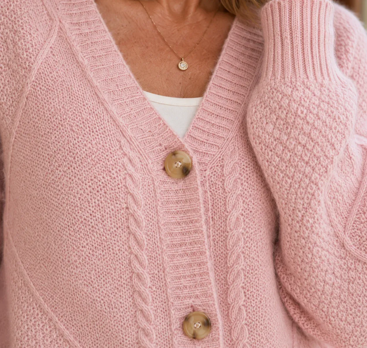 Noelle Cable Diamond Cardigan — Pink construction detail