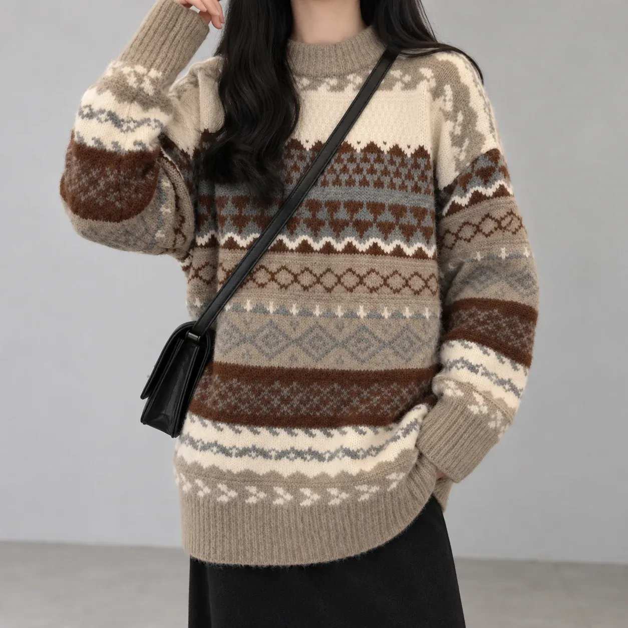 Cora Geometric Knit Sweater, front worn fit
