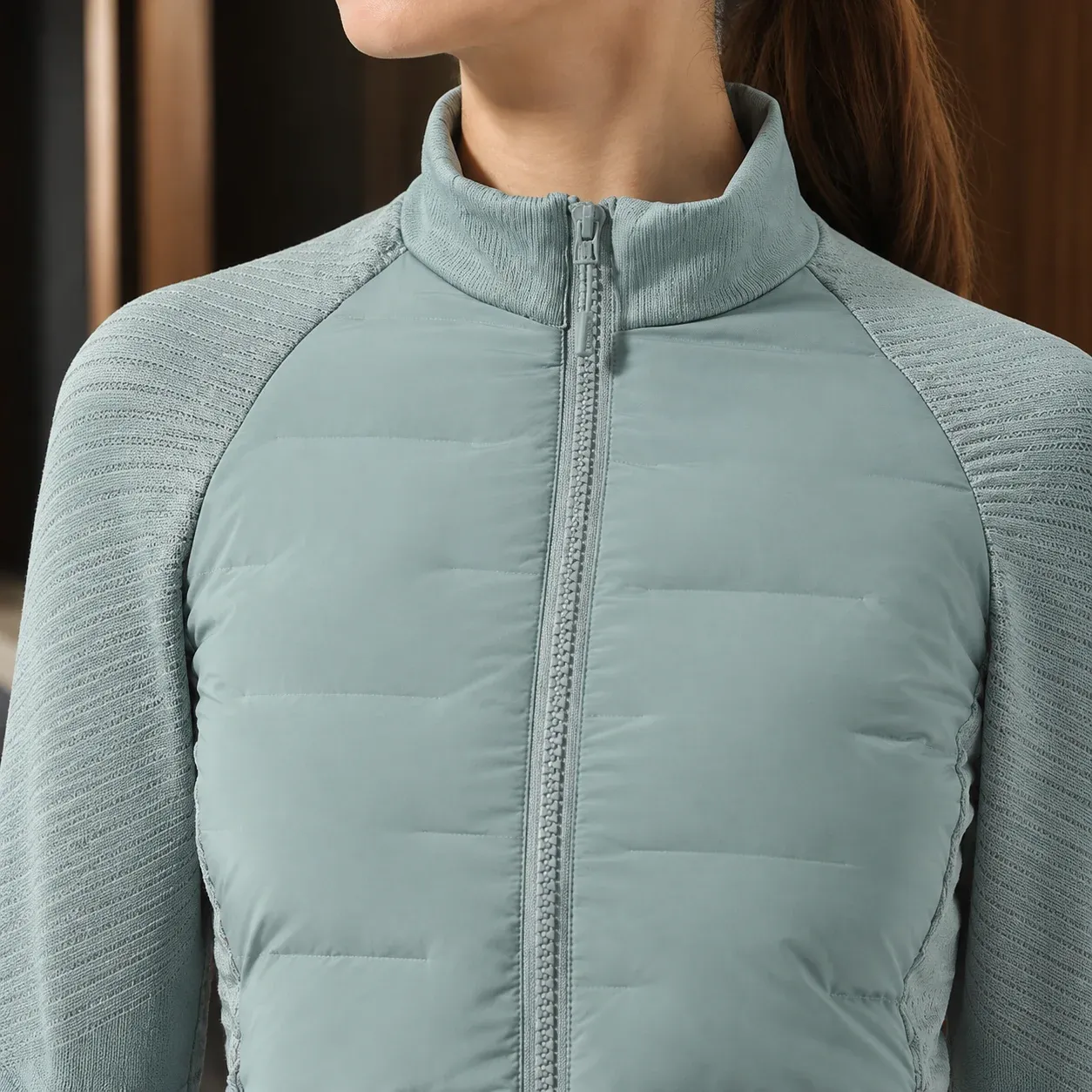Annabeth Hybrid Jacket — Fog Blue construction detail