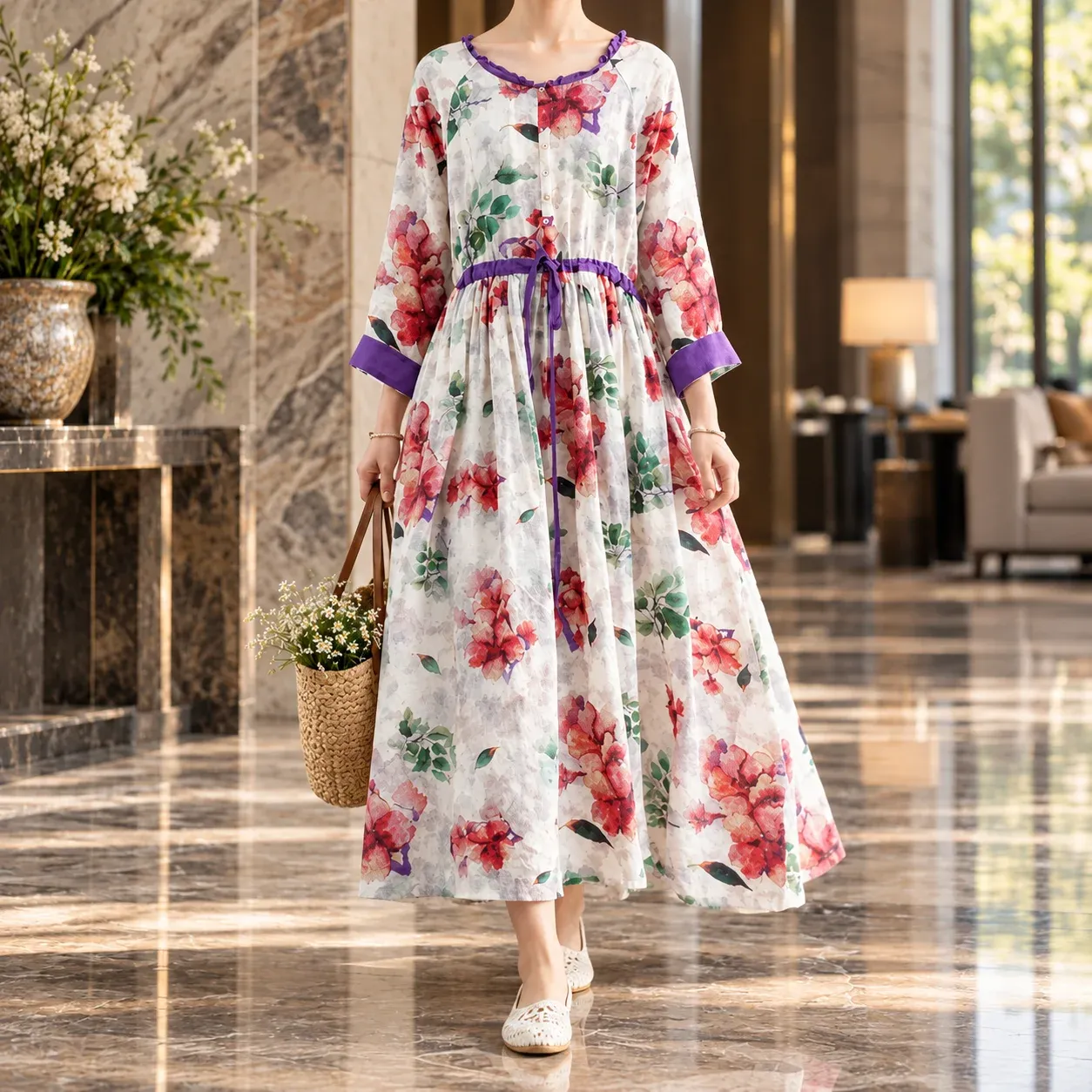Sylvie Floral Ramie Dress — full garment worn in context
