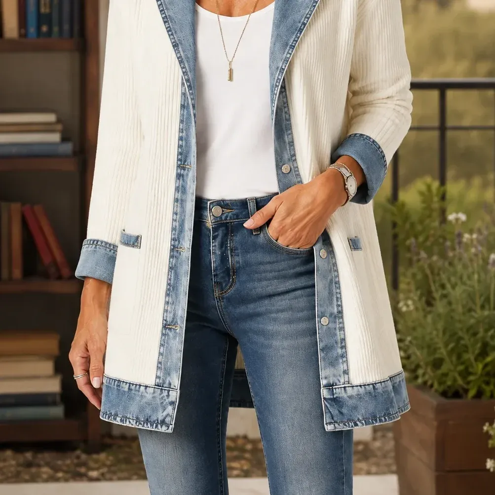 Daphne Denim-Trim Cardigan — White lower garment detail