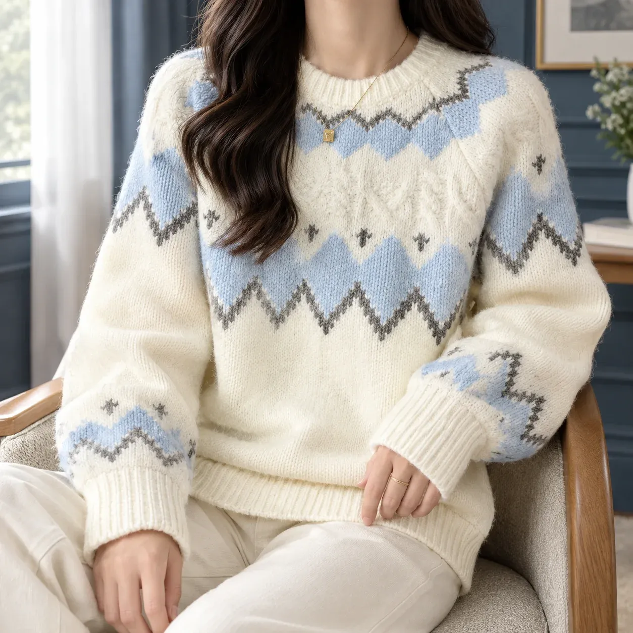 Morgan Fair Isle Sweater — Light Blue worn view