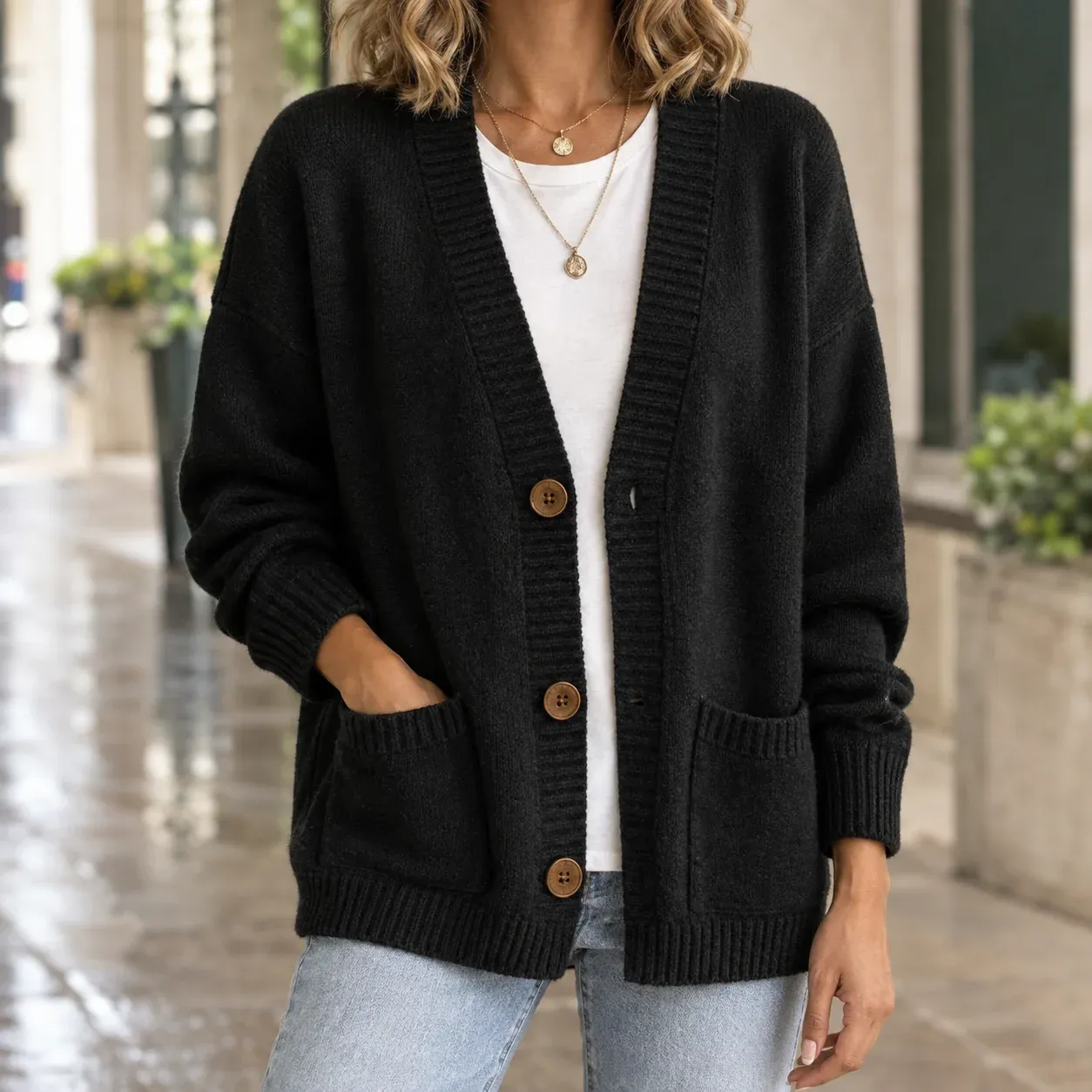 Cassidy V-Neck Cardigan — Black worn view