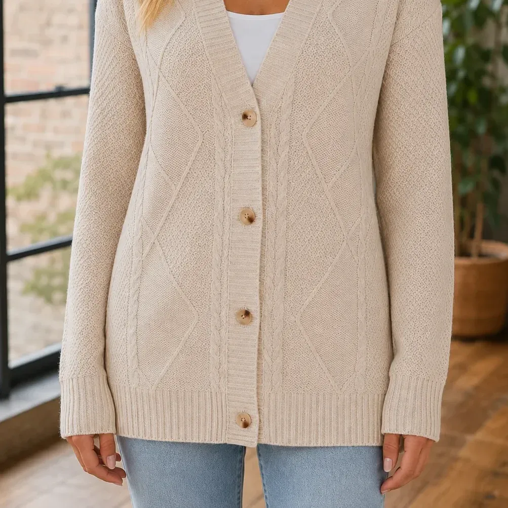 Evelina Cable Cardigan — Beige lower garment detail