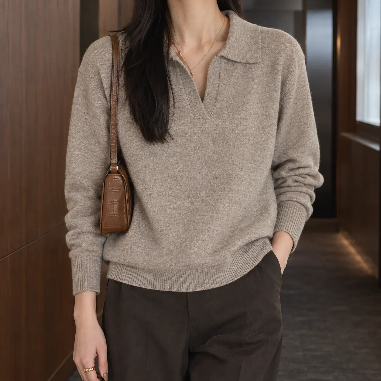 Briony Polo Sweater — Beige worn view