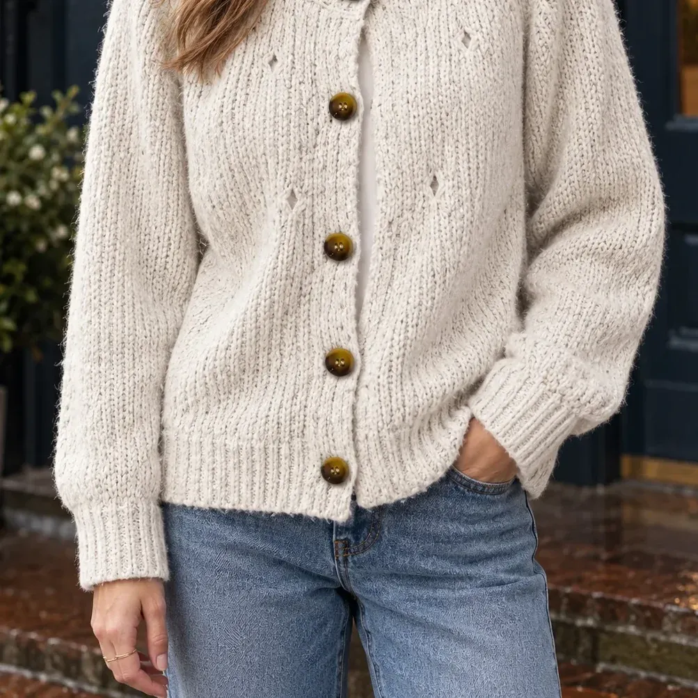 Zoe Textured Cardigan — Ivory garment detail