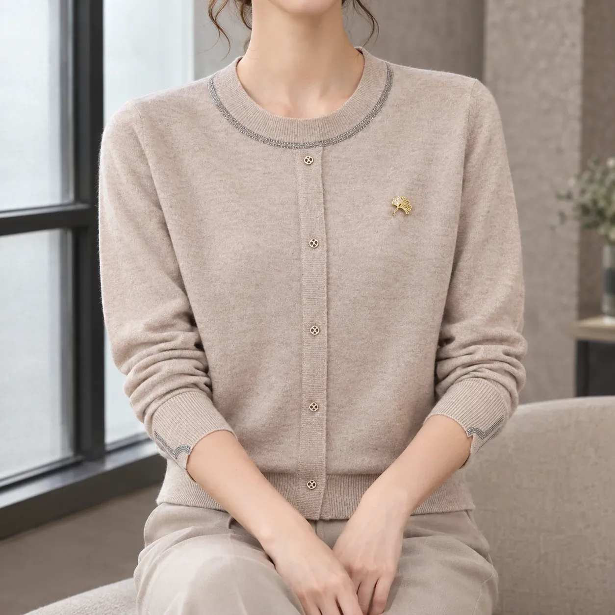Halcyon Trim Cardigan — Beige worn view