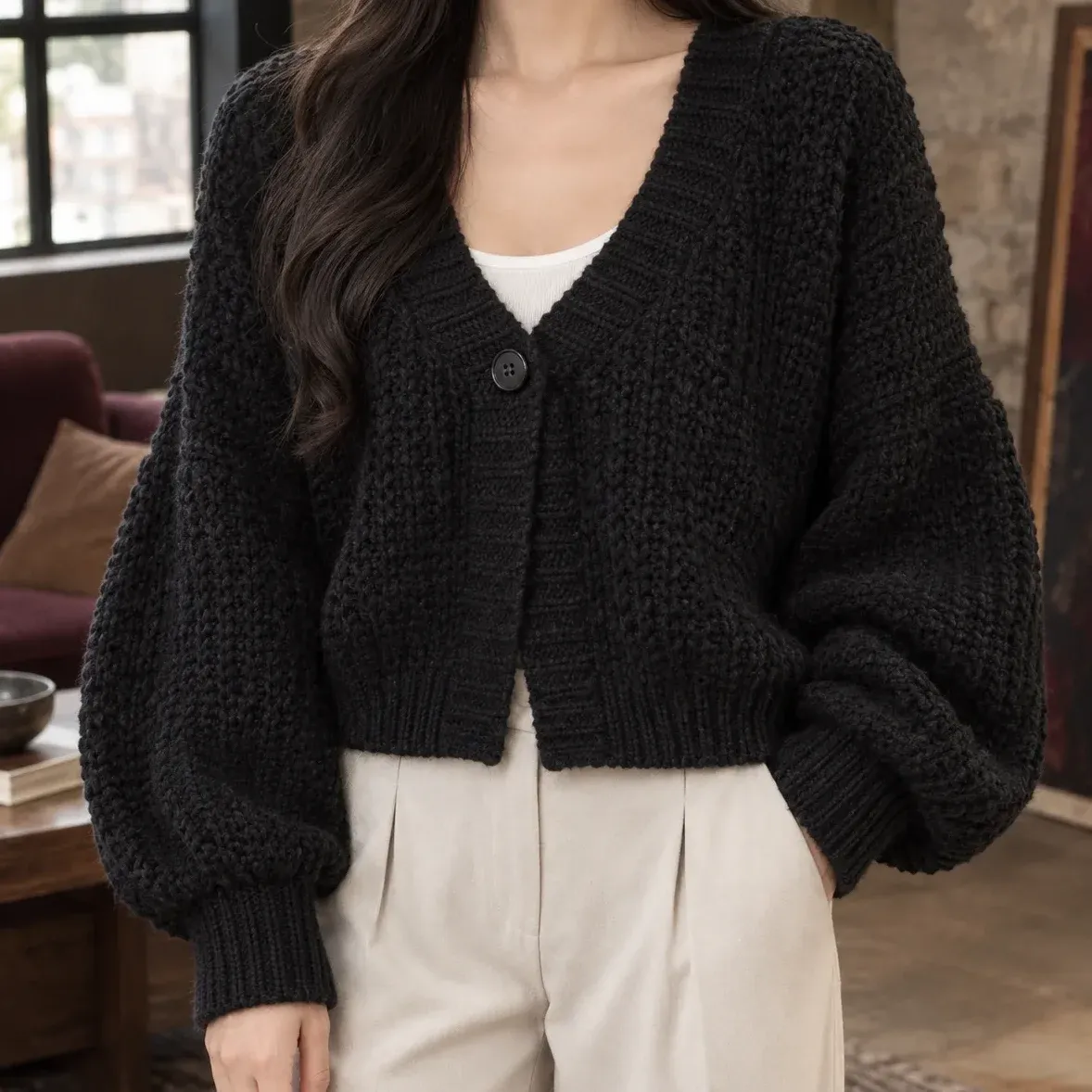 Morwenna Chunky Cardigan — Black cropped fit view