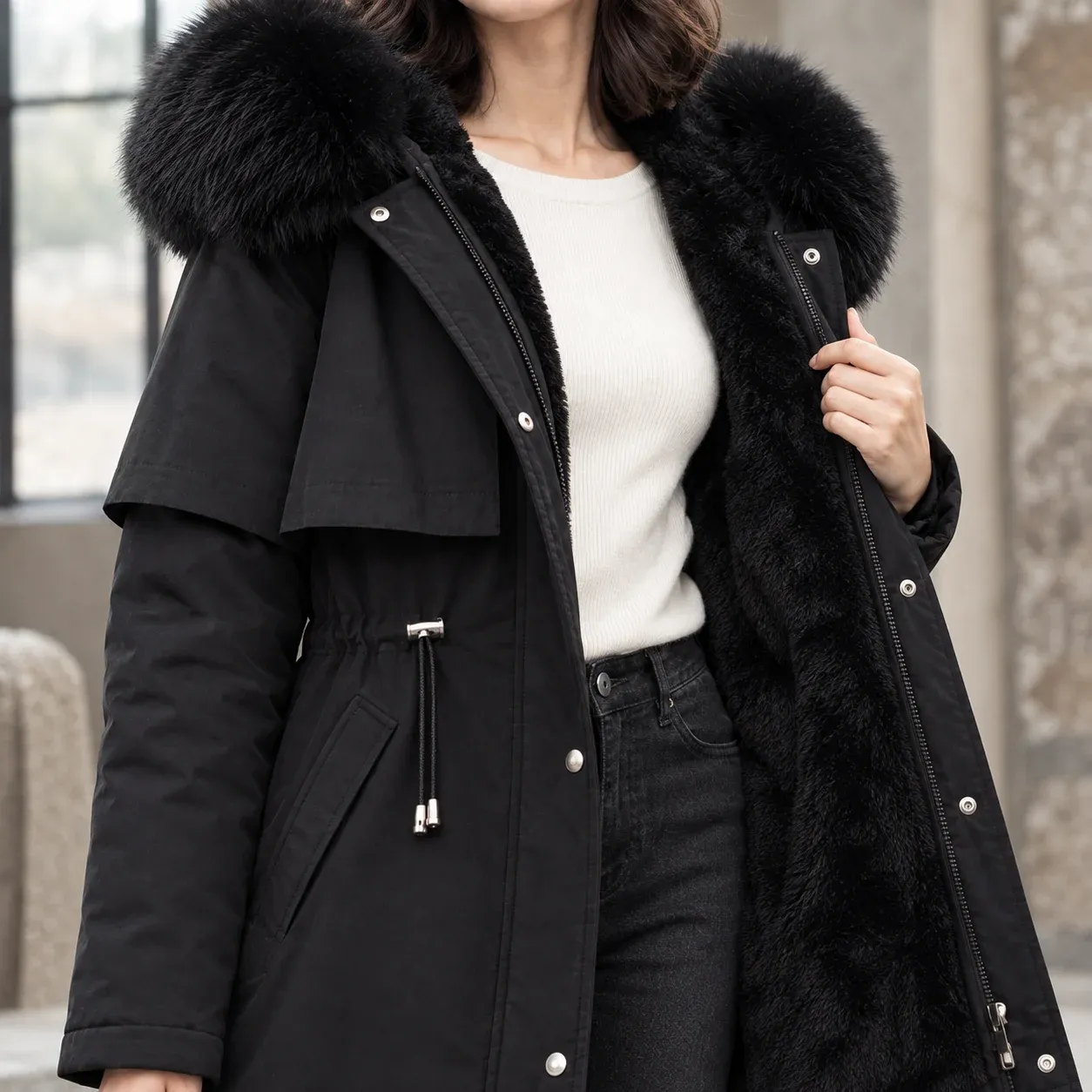 Agnes Hooded Coat — Black construction detail