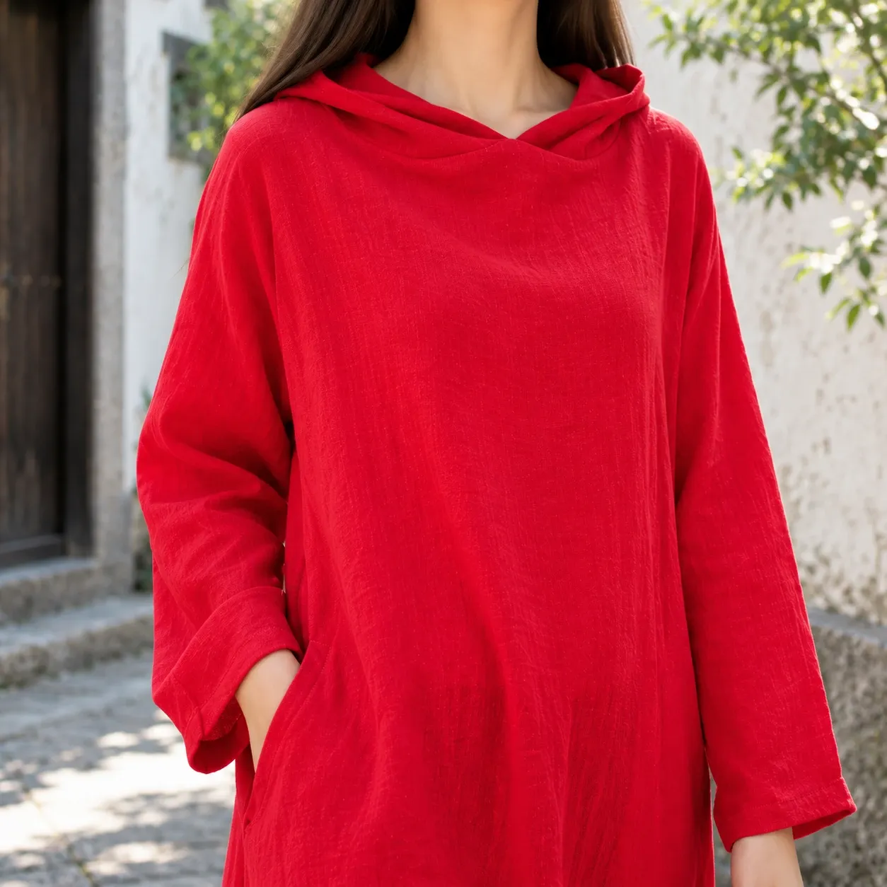Aurelia Hooded Linen Dress — detail view