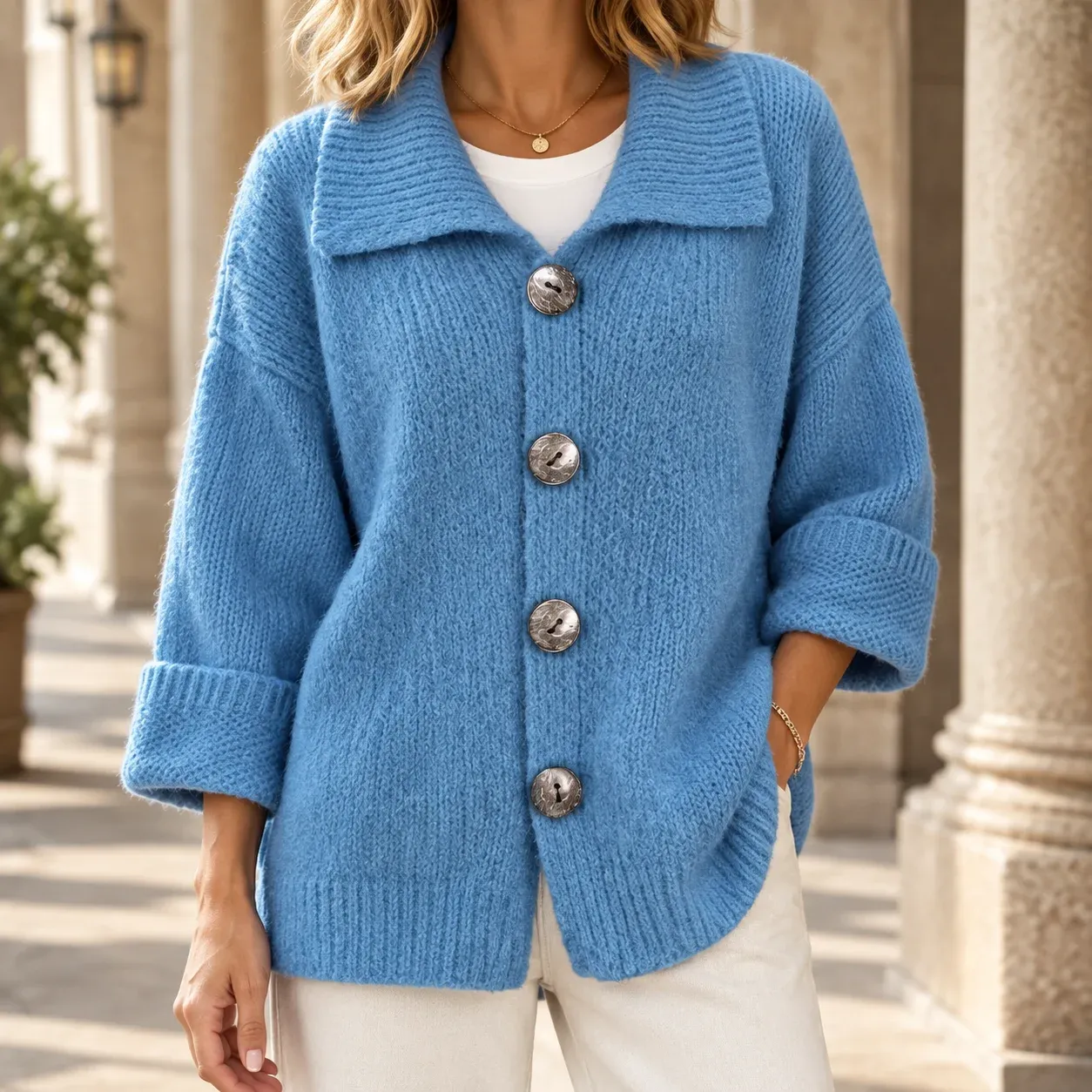 Xaviera Collar Cardigan — Blue worn view