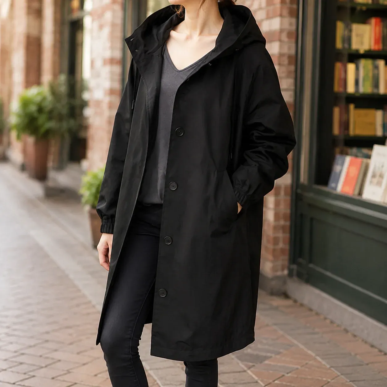 Zelda Hooded Overcoat — Black worn view