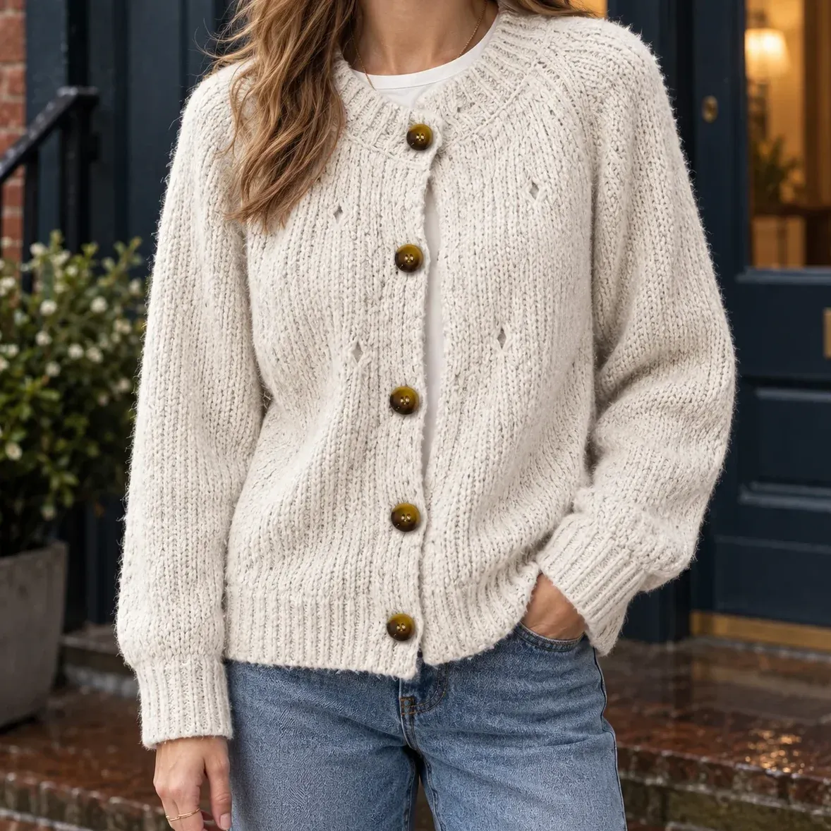 Zoe Textured Cardigan — Ivory cropped fit view